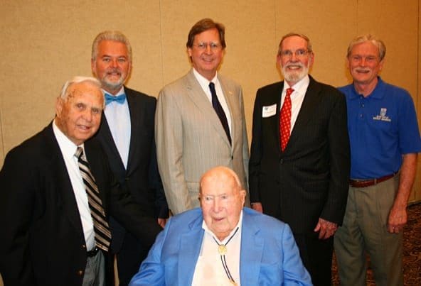 The Energy Advocates Legacy Luncheon presented by The University of Tulsa’s School of Energy Economics, Policy, & Commerce, honoring founding members, (left to right), Robert Parker, Sr., (Honoree) Mark A. Stansberry, (Keynote Speaker), Mayor Dewey F. Bartlett, Jr., (Presenter), Frederic Dorwart, (Honoree), Dr. Tim Coburn, (Host, University of Tulsa) seated-Robert Thomas, (Honoree)