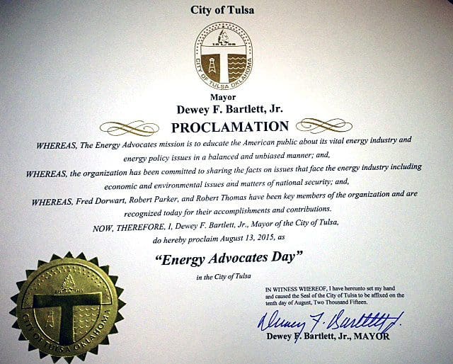 Official Proclamation Recognizing Energy Advocates Day from Tulsa Mayor, Dewey F. Bartlett, Jr.