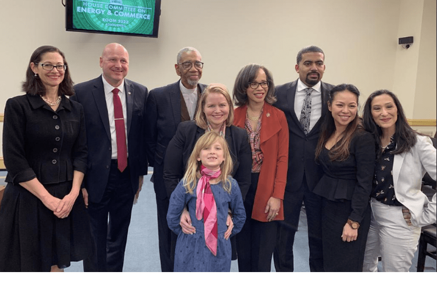Katie Mehnert, center, and her daughter pose with members of the Energy Subcommittee of the House Committee on Energy and Commerce. Photo courtesy of Katie Mehnert